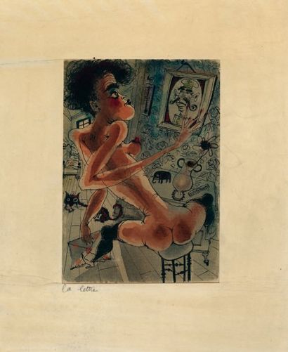 PARRY Roger LA LETTRE. AQUARELLE. [1938] ; 14 x 10 cm, sous encadrement. Dessin original...