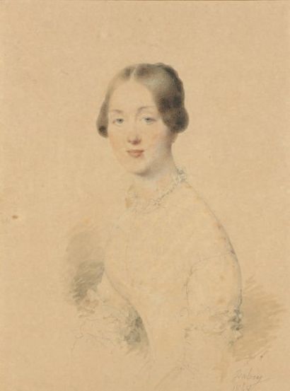 Jean-Baptiste ISABEY (Nancy 1767-Paris 1855) Portrait de jeune femme à la robe blanche...