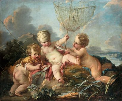 François BOUCHER (Paris 1703 1770) L'eau ou les Pêcheurs Toile, anciennement présentée...