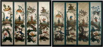 null PARAVENT À HUIT FEUILLES DE TOILE PEINTE POLYCHROME Décor au chinois avec oiseaux...