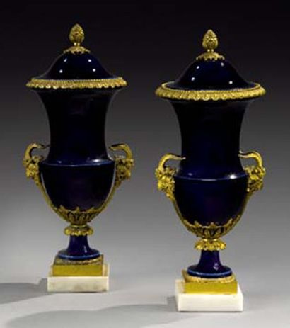 null SEVRES Paire de vases couverts de forme balustre à fond beau bleu à monture...