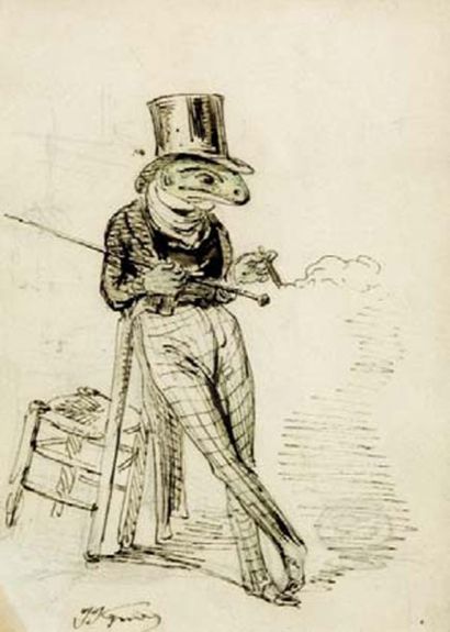 JEAN-IGNACE-ISIDORE GRANVILLE (1803-1847) Grenouille habillée fumant le cigare Encre...