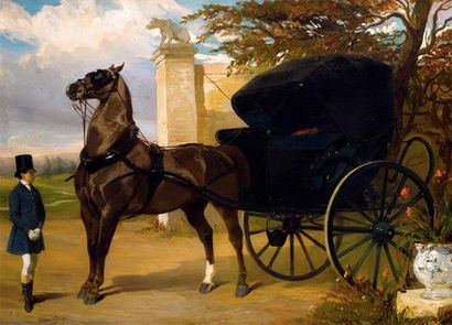 ALFRED DE DREUX (1810-1860) Cabriolet devant le portail. Attelage et groom devant...