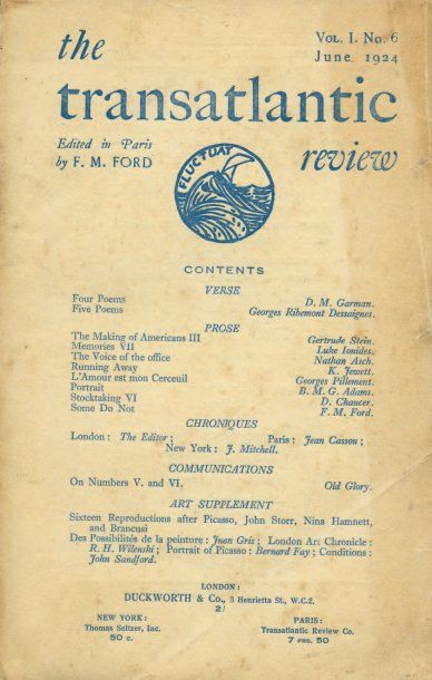 [BRANCUSI] REVUE. THE TRANSATLANTIC REVIEW. Paris, numéro 6 de 1924 ; in-8, broché....