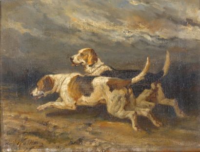 JOSEPH FRANCIS WALKER (1865-1890) Chiens Huile sur toile Signée en bas à gauche 18,5...