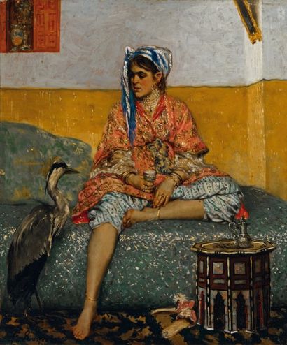 FERDINAND ROYBET (1840-1920) Femme orientale à la grue Panneau d'acajou (Hardy Alan,...