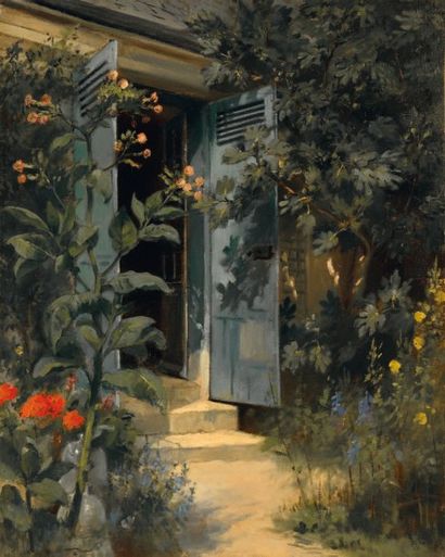 MARIE ERNESTINE LAVIEILLE (1852-1911) Porte sur jardin Huile sur toile (d'origine)...