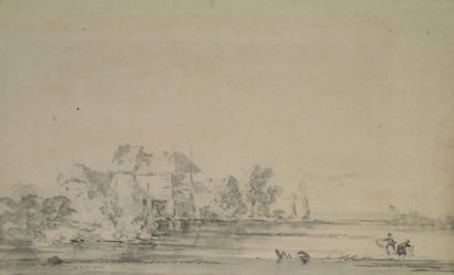 LOUIS GABRIEL MOREAU (PARIS 1740 - PARIS 1806) Paysage fluvial animé Lavis gris sur...