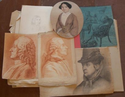 null Un ensemble de dessins (quelquesgravures) XIXe sous chemise de cuir rouge: portraits,...