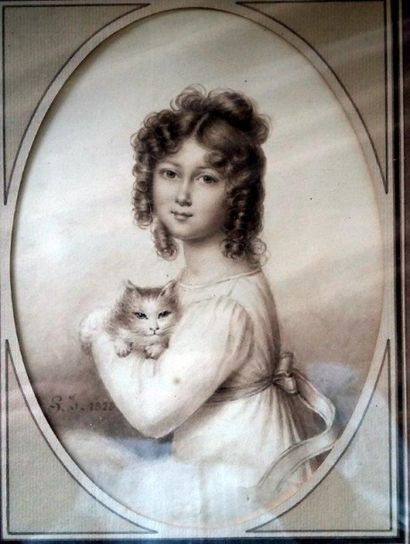 Ecole Française du XIXème Lavis d'encre.
«Portrait de jeune fille au chat», 1823
Monogrammée...