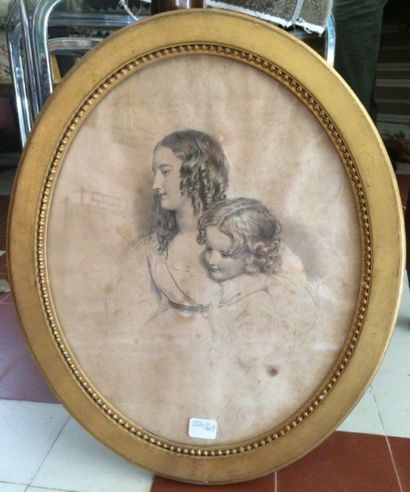 ECOLE du XIX siècle 
Portrait de jeune fille et fillette
Dessin au crayon
26 x 21...