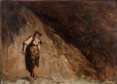 Alexandre ANTIGNA (Orléans 1817 - Paris 1878) 
Jeune fille apeurée près d'un rocher
Toile
65...