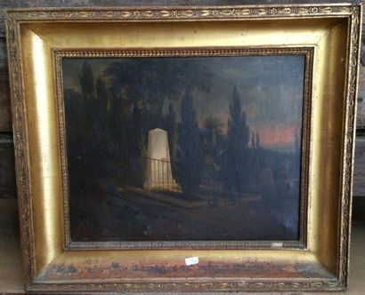 ECOLE du XIX siècle 
Tombe au Père Lachaise
Huile sur toile
32 x 41 cm
Soulèveme...