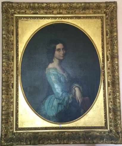 H.LEHMANN (1814-1882) 
Portrait de jeune femme à la robe bleue
Huile sur toile à...