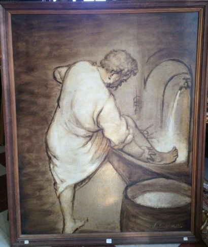 Claude HELIER 
Homme à sa toilette
Huile sur toile signée en bas à droite
92 x 74...