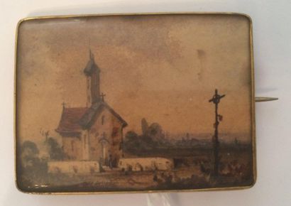 null Vue d'église, aquarelle sur papier contrecollée sur nacre
Monté en broche