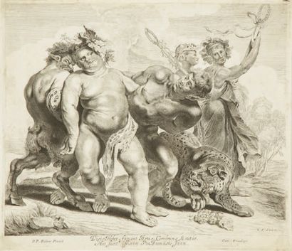 Jonas Suyderhoef (c. 1613-1686) Silène ivre. Eau-forte d'après Rubens. 345 x 295....