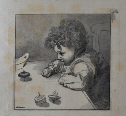 Antoine «Tony» Beltrand (1847-1904) L'Enfant à la toupie. 1888. Gravure sur bois....