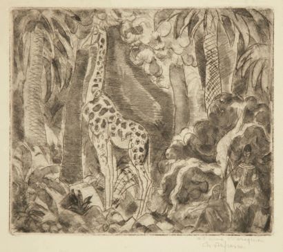 Charles DUFRESNE (1876-1938) La Girafe. Vers 1919. Eau-forte. 195 x 165. Dufresne...