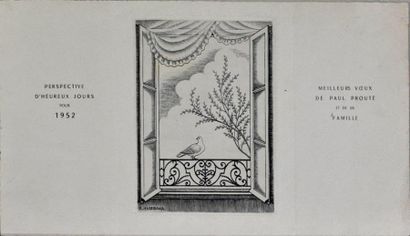 Kiyoshi Hasegawa (1891-1980) Fenêtre ouverte avec colombe (carte de vœux pour la...