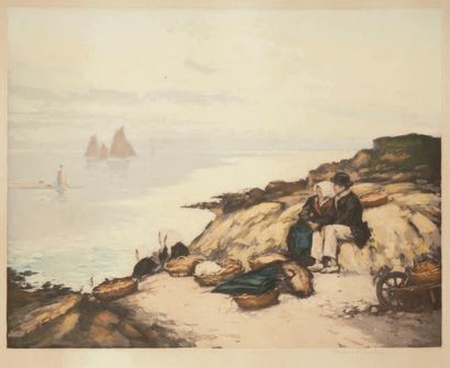 Manuel ROBBE (1872-1936) Dans les rochers. Aquatinte. 590 x 455. Impression en couleurs....