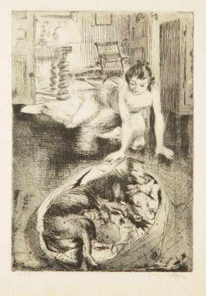 Jacques Villon (Gaston Duchamp, dit) (1875-1963) Minne jouant avec un chien dans...