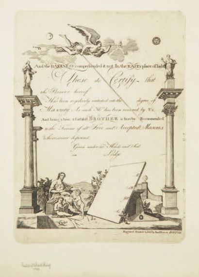 Paul Revere (Boston, 1735-1818) Certificat de franc-maçon américain. 1773; A View...
