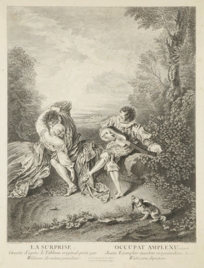 Benoît Audran le Jeune (1698-1772) La Surprise. 1731. Gravé d'après Watteau. 312...