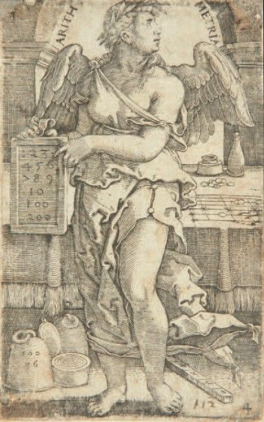 Hans Sebald Beham (1500-1550) Arithmetria (L'Arithmétique; pl. d'une suite des Sept...