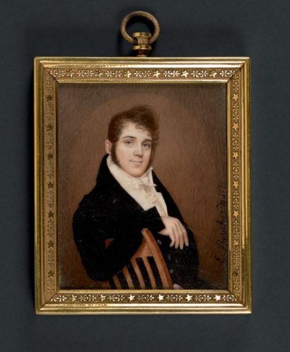 EDMÉ BOUCHARDY (ACTIF EN 1808 - 1840) Portrait d'un dandy accoudé à une chaise.
Miniature...