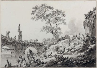 Jean Baptiste LE PRINCE (1734-1781) Paysage à la barque et paysage au pont: une paire
Plume...