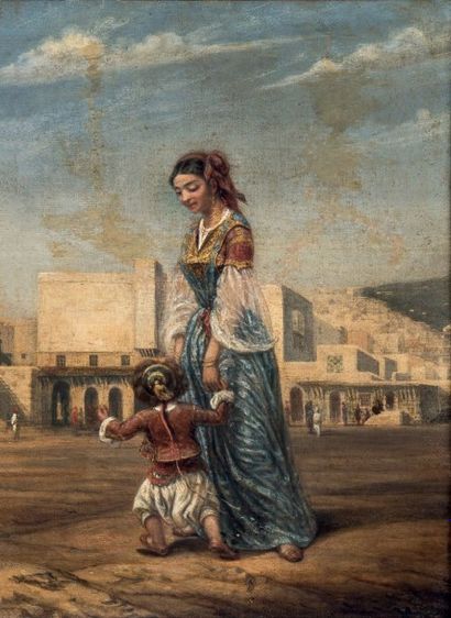 École Française du XIXe siècle Jeune algérienne tenant son enfant par la main, au...