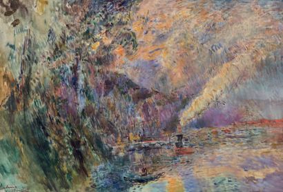 ALBERT LEBOURG (1849-1928) La Seine à La Bouille Huile sur toile Signée et située...