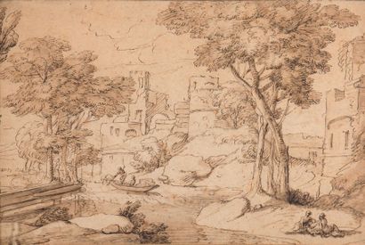 JAN VAN BLOEMEN DIT L'ORIZONTE (ANVERS 1662 - 1749 ROME) Paysage classique avec une...