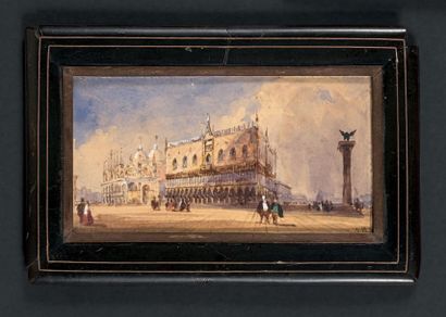 ÉCOLE DE RICHARD-PARKES BONINGTON (1802-1828) Venise, La Piazzetta animée de personnages.
Miniature...