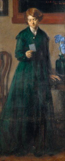 CHARLES STUART FORBES (1856-1926) La femme en vert Huile sur toile. Signée en haut...
