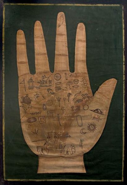 TIBET - XIXE SIÈCLE Encre sur toile, main droite sur fond vert, avec symboles correspondant...