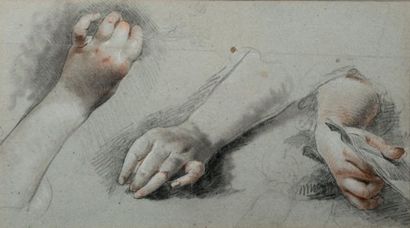 Attribué à Gaetano GANDOLFI (1734-1802) Etudes de mains
Trois crayons et estompe
26,...