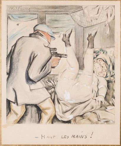 Abel FAIVRE (1867-1945) Haut Les Mains!
Crayon, lavis et craie.
Signé en haut à gauche...