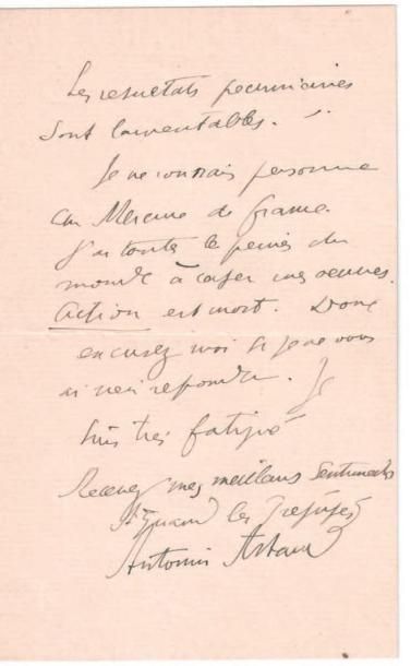 ARTAUD (Antonin) écrivain, poète et acteur français (1896-1948) Lettre autographe...