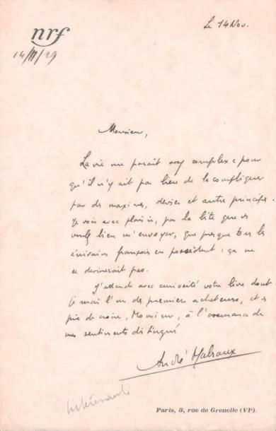 MALRAUX (André) écrivain et homme politique français (1901-1976) 3 documents autographes....