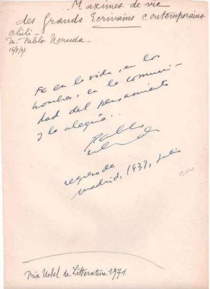 NERUDA (Pablo) poète et homme politique chilien (1904-1973) Manuscrit autographe...