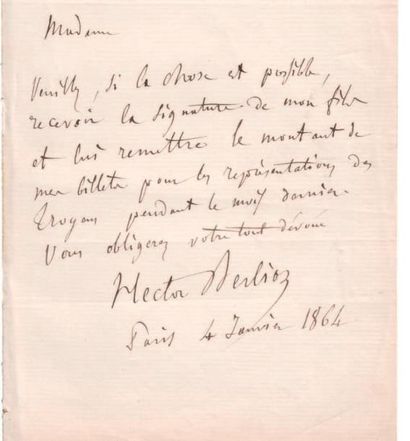 BERLIOZ (Hector) (1803-1869) Lettre autographe signée à «Madame Porcher» Paris 4...
