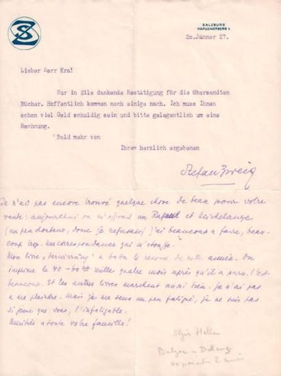 ZWEIG (Stefan) écrivain autrichien (1881- se suicida en février 1942) Ensemble adressé...