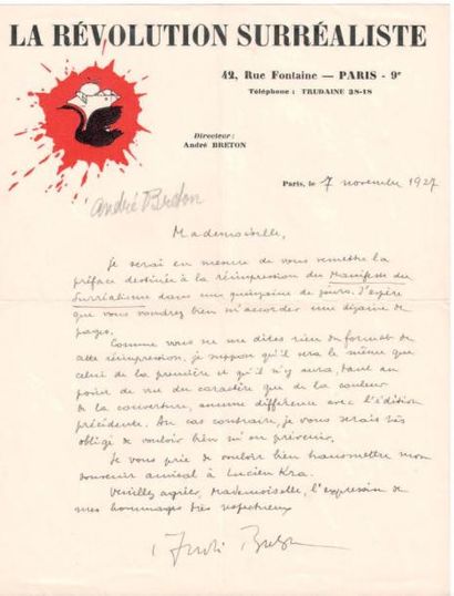 BRETON (André) poète et écrivain français (1896-1966) Lettre autographe signée à...