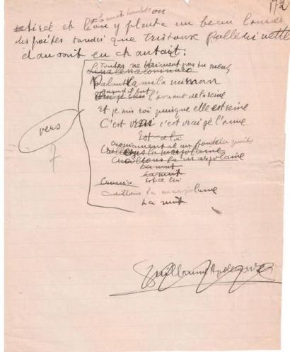 APOLLINAIRE (Guillaume) poète et écrivain français (1880-1918) Manuscrit autographe...