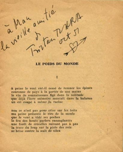 TZARA Tristan LE POIDS DU MONDE. Saint-Girons, Au Colporteur, 1951. In-16, agrafé....
