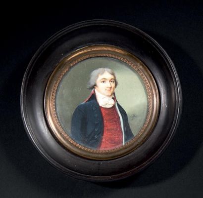 École FRANÇAISE vers1785 D.M.
Portrait d'homme en veste bleue et gilet rouge, en...