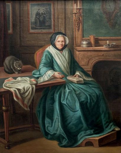 École FRANÇAISE de la fin du XVIIIe siècle 
Portrait de femme assise avec un chat
Toile...