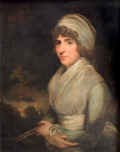 Ecole ANGLAISE vers 1790, Entourage de George ROMNEY 
Portrait de femme à l'éventail
Toile...